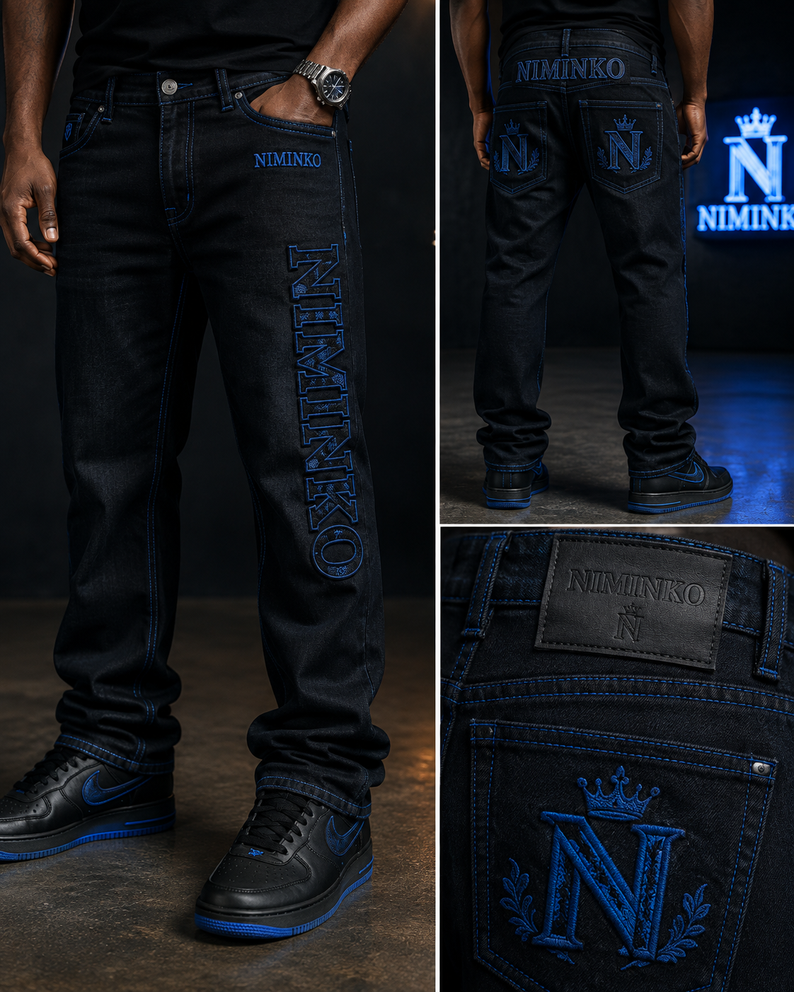 Niminko Blue-Stitch Denim by Niminko in Washed Black / Electric Blue showing visible Niminko garment branding.