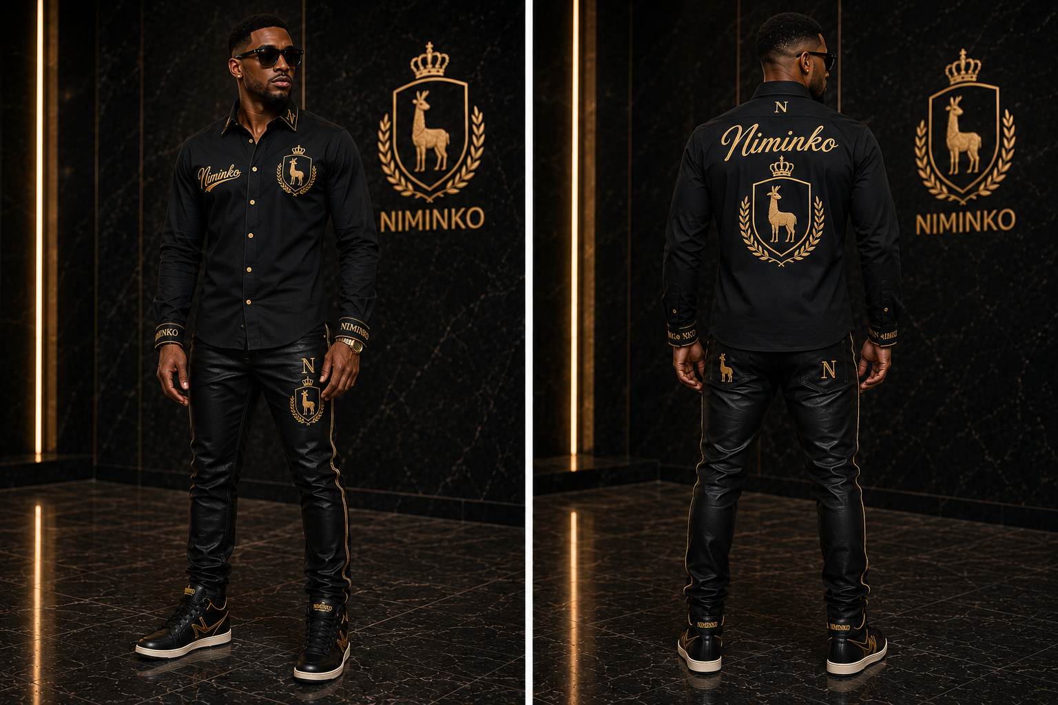 Niminko Black Gold Crest Shirt & Pant Set by Niminko in Black / Gold showing visible Niminko garment branding.