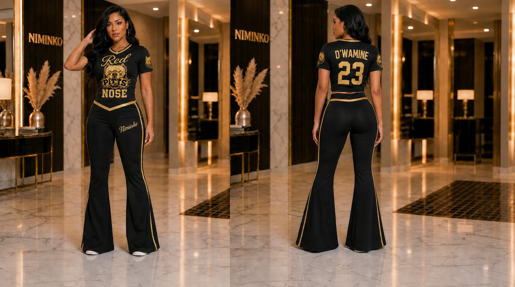 Niminko Black Gold Flare Set by Niminko in Black / Gold showing visible Niminko garment branding.