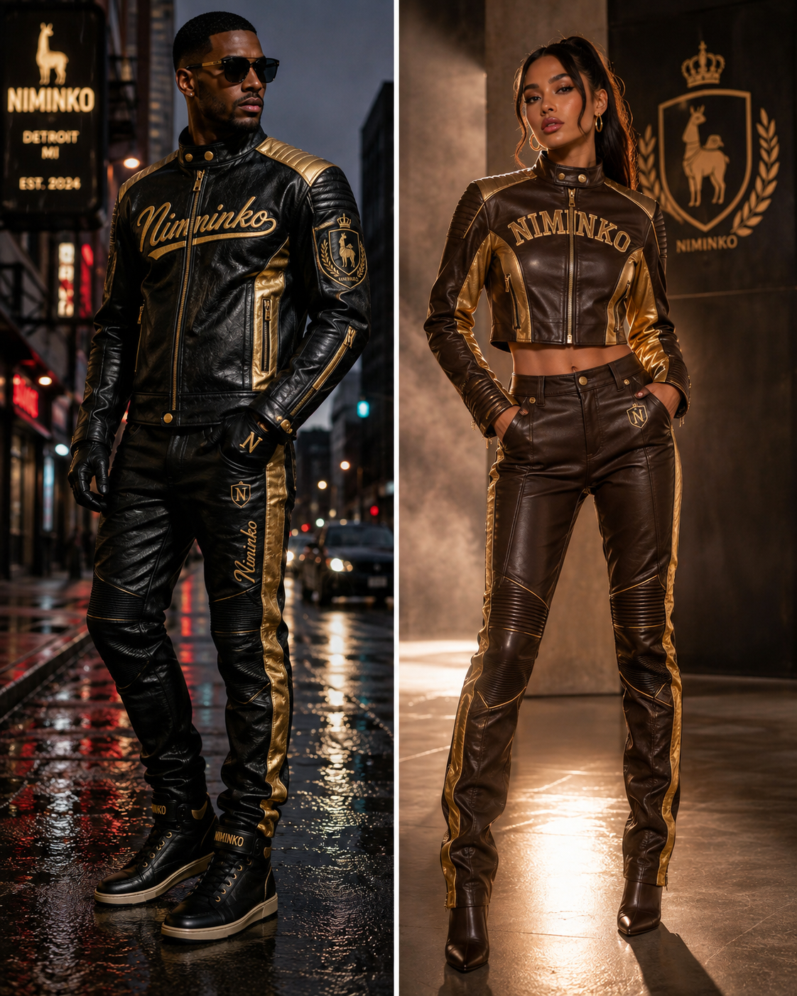 Niminko Black Gold Moto Leather Set by Niminko in Black / Gold, Brown / Gold showing visible Niminko garment branding.
