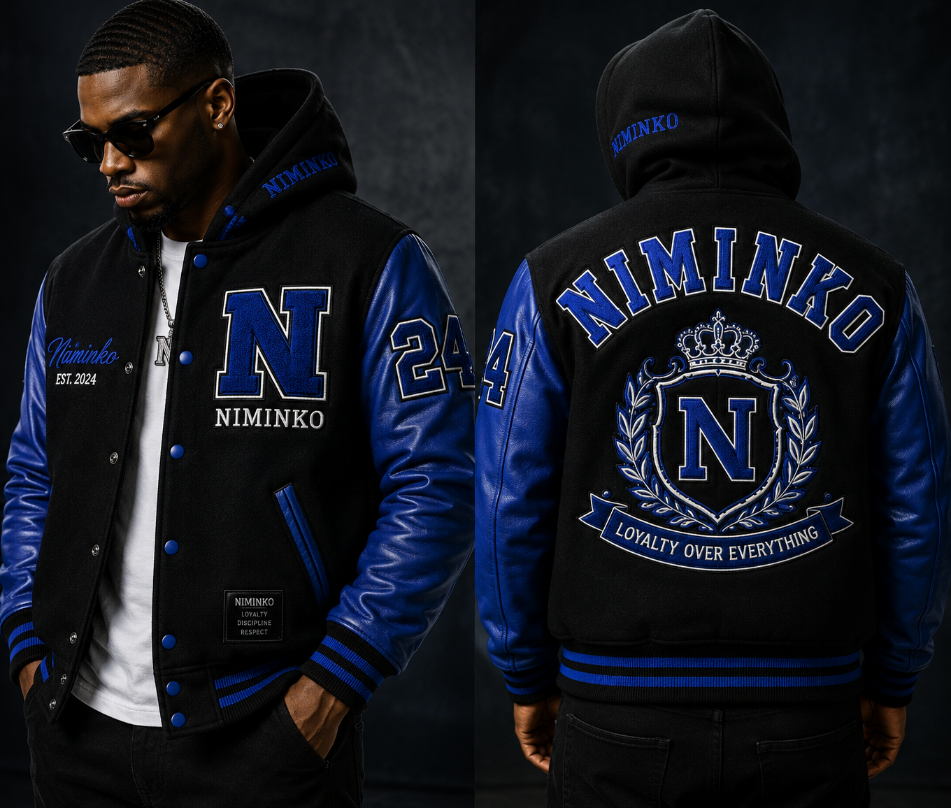 Niminko Royal Crest Varsity by Niminko in Black / Royal Blue showing visible Niminko garment branding.