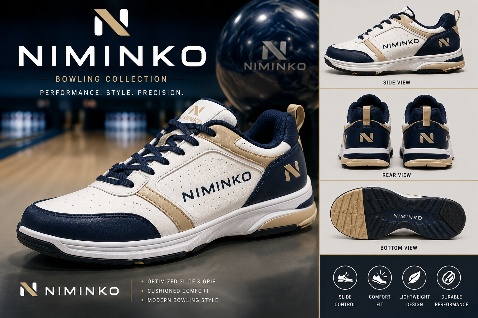 Niminko Bowling Collection Shoe by Niminko in White / Navy / Gold showing visible Niminko garment branding.