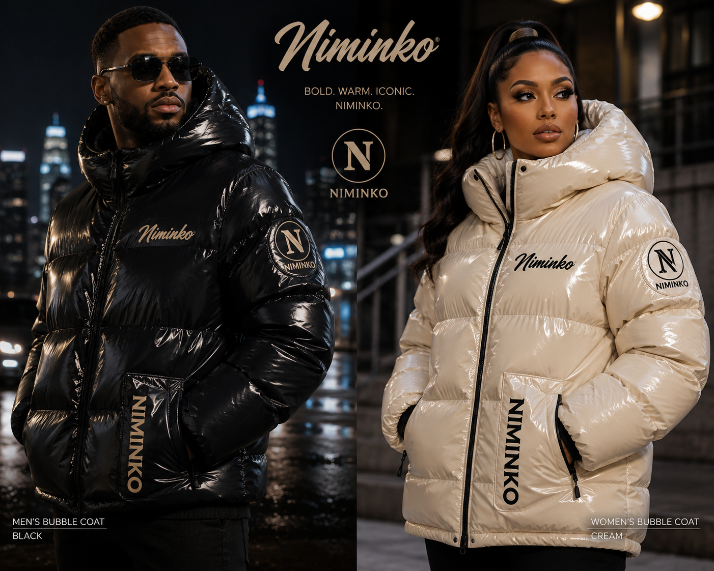 Niminko Icon Bubble Coat by Niminko in Black Gloss, Cream Gloss showing visible Niminko garment branding.