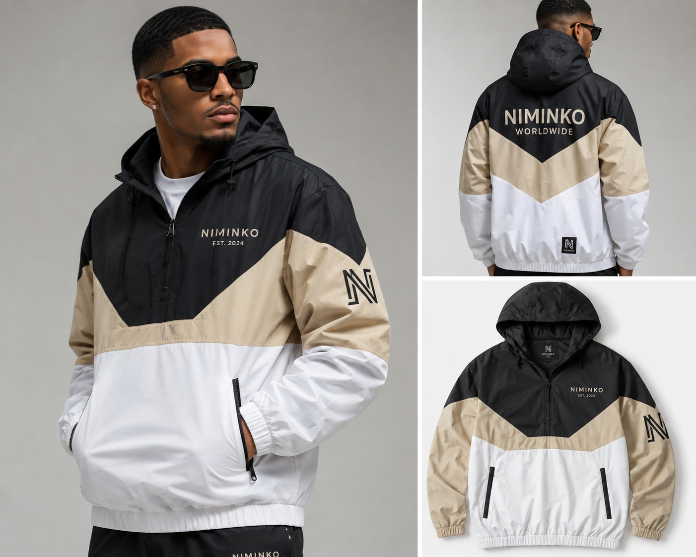 Niminko Colorblock Windbreaker by Niminko in Black / Sand / White showing visible Niminko garment branding.