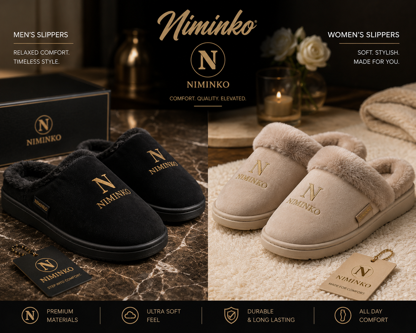 Niminko Comfort Slippers by Niminko in Black / Gold, Cream / Gold showing visible Niminko garment branding.