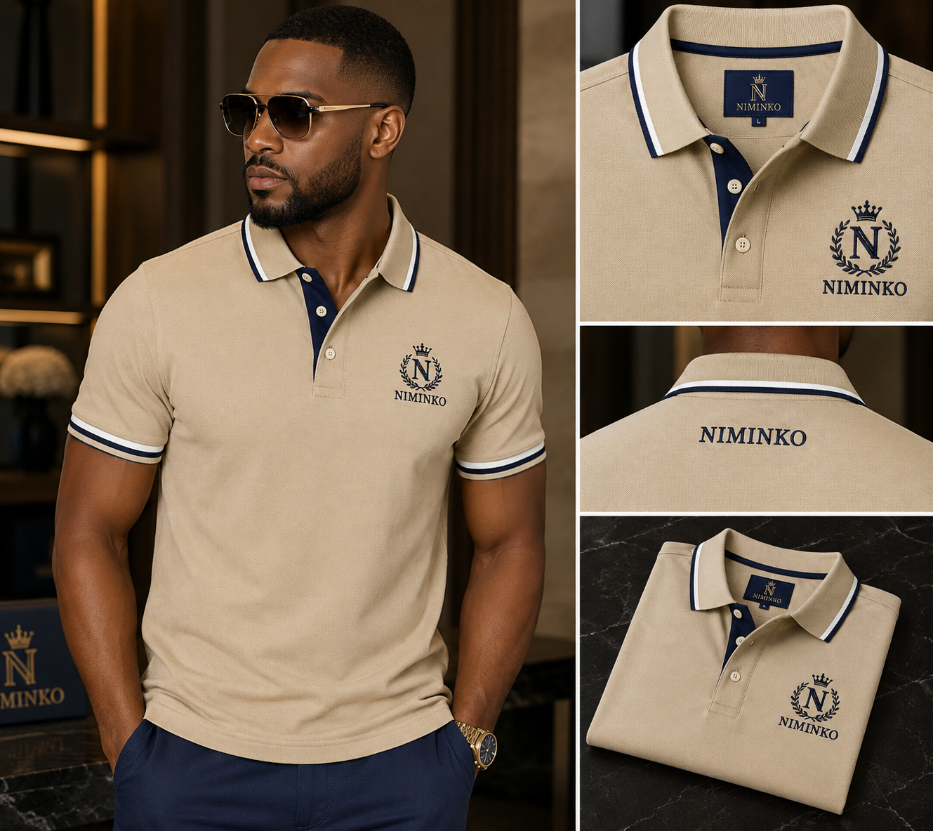Niminko Crest Polo by Niminko in Sand / Navy showing visible Niminko garment branding.