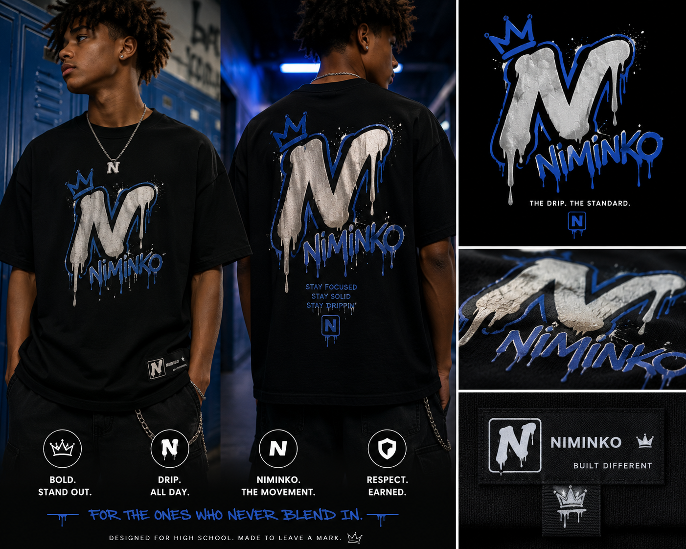 Niminko Drip Standard Tee by Niminko in Black / Royal Blue / White showing visible Niminko garment branding.
