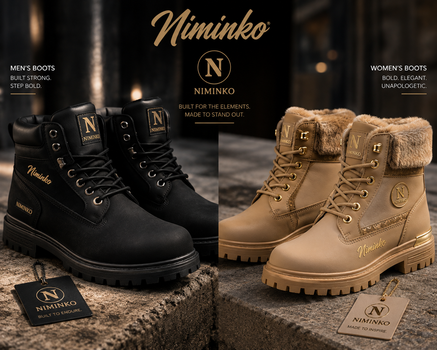 Niminko Built Element Boots by Niminko in Black / Gold, Wheat / Gold showing visible Niminko garment branding.