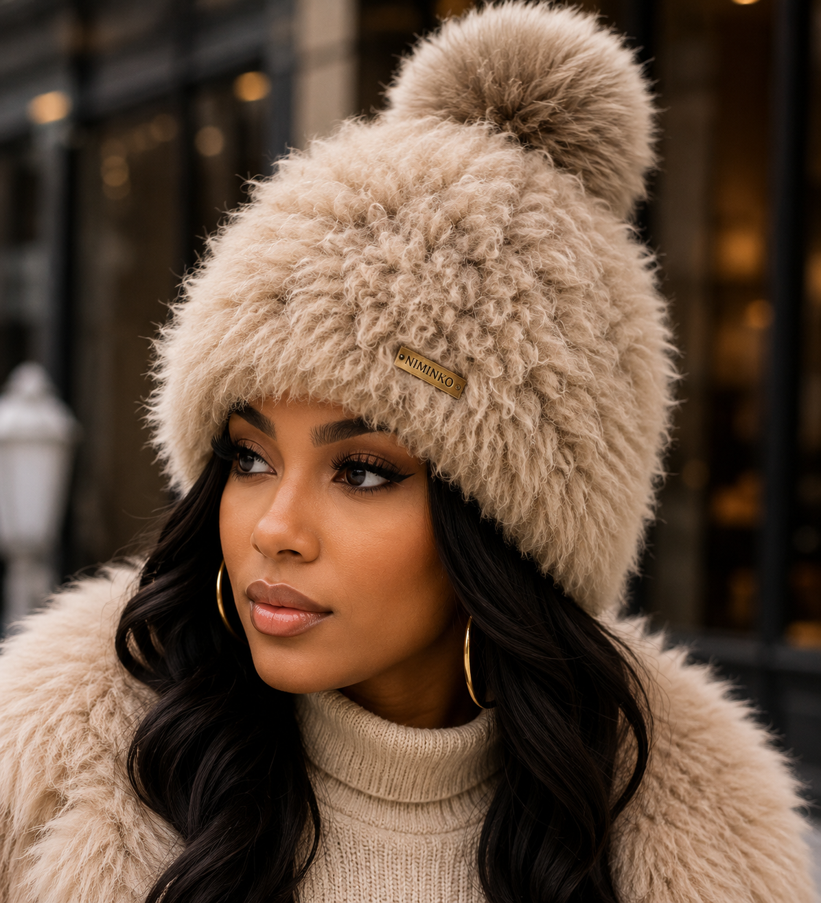 Niminko Fur Beanie by Niminko in Cream showing visible Niminko garment branding.