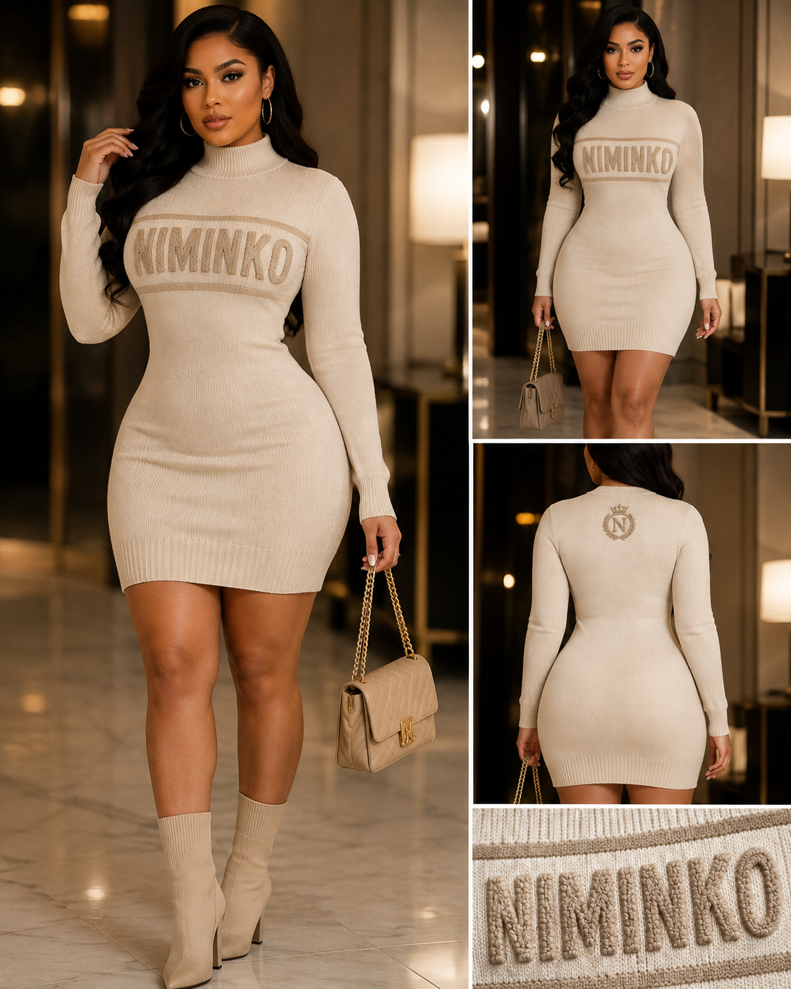 Niminko Cream Knit Dress by Niminko in Cream / Sand showing visible Niminko garment branding.