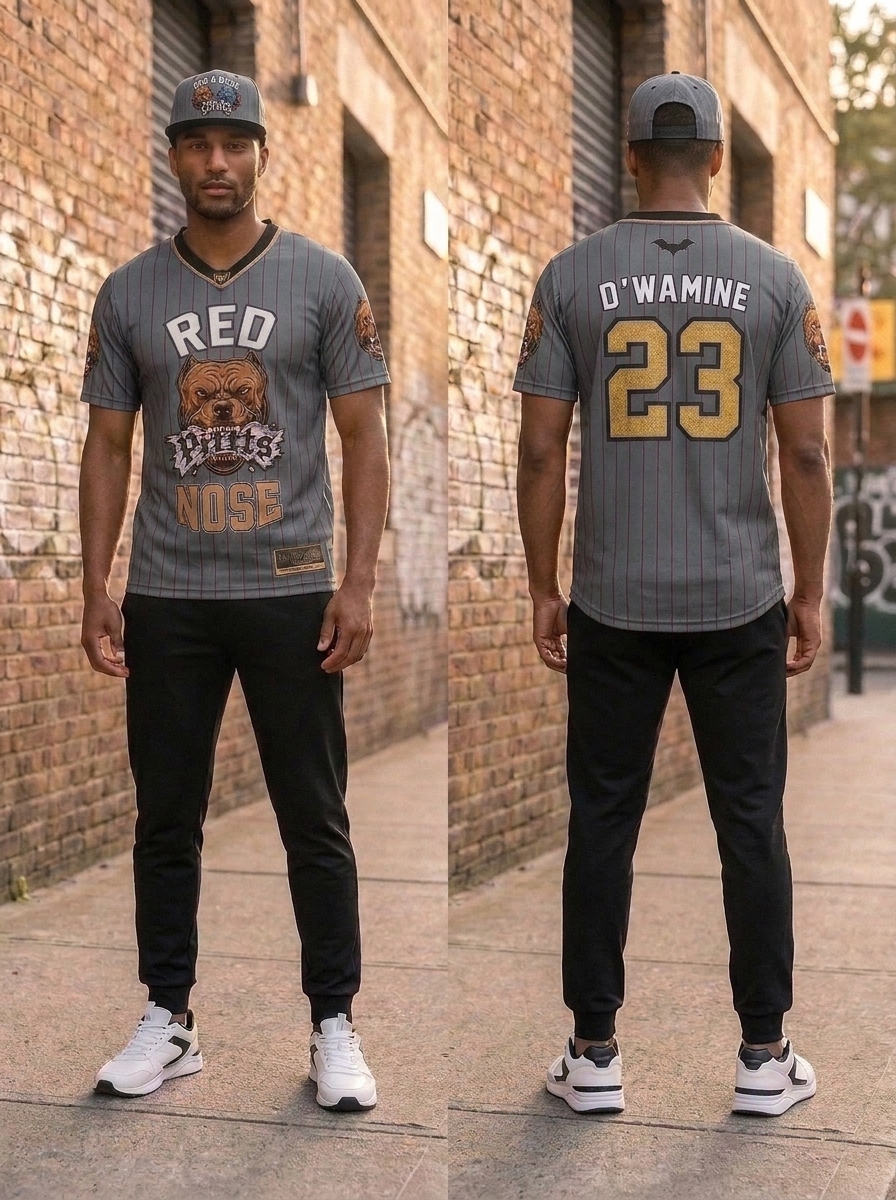 Niminko Grey Pinstripe Jersey by Niminko in Charcoal Grey / Gold showing visible Niminko garment branding.