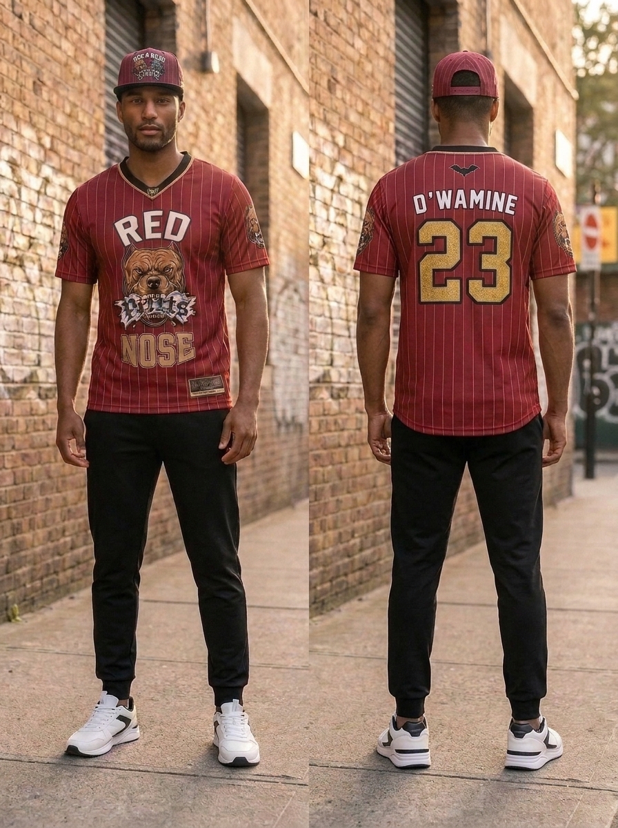 Niminko Red Pinstripe Jersey by Niminko in Maroon Red / Gold showing visible Niminko garment branding.