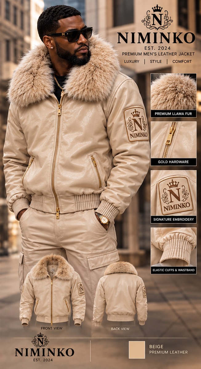 Niminko Men's Fur Collar Crest Leather Jacket — Beige by Niminko in Beige / Tan showing visible Niminko garment branding.