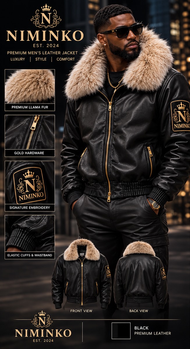 Niminko Men's Fur Collar Crest Leather Jacket — Black by Niminko in Black / Tan showing visible Niminko garment branding.