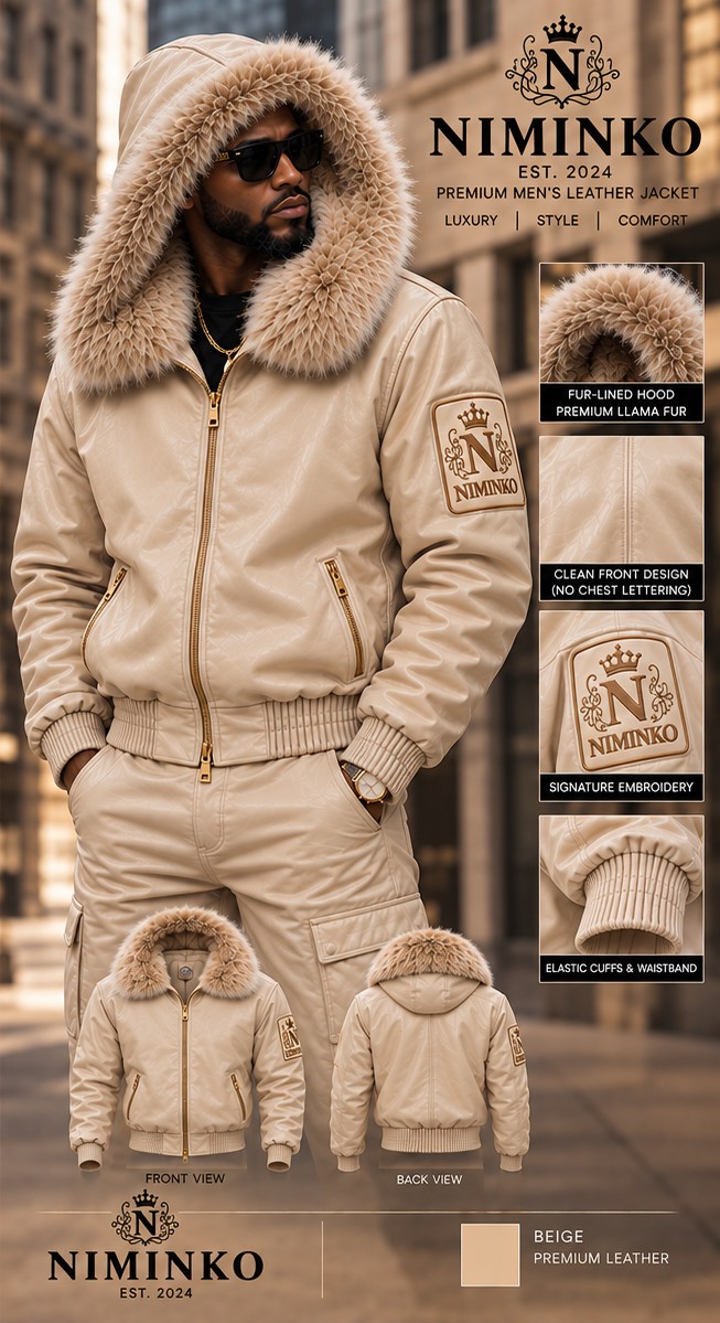 Niminko Men's Hooded Crest Leather Jacket — Beige by Niminko in Beige / Tan showing visible Niminko garment branding.