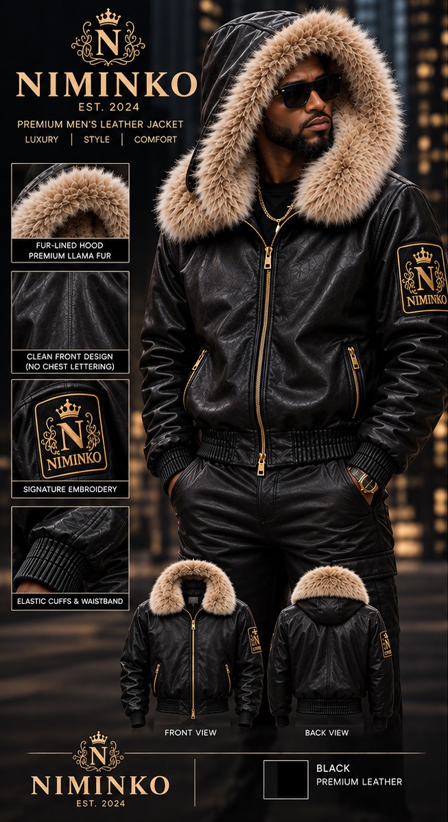 Niminko Men's Hooded Crest Leather Jacket — Black by Niminko in Black / Tan showing visible Niminko garment branding.