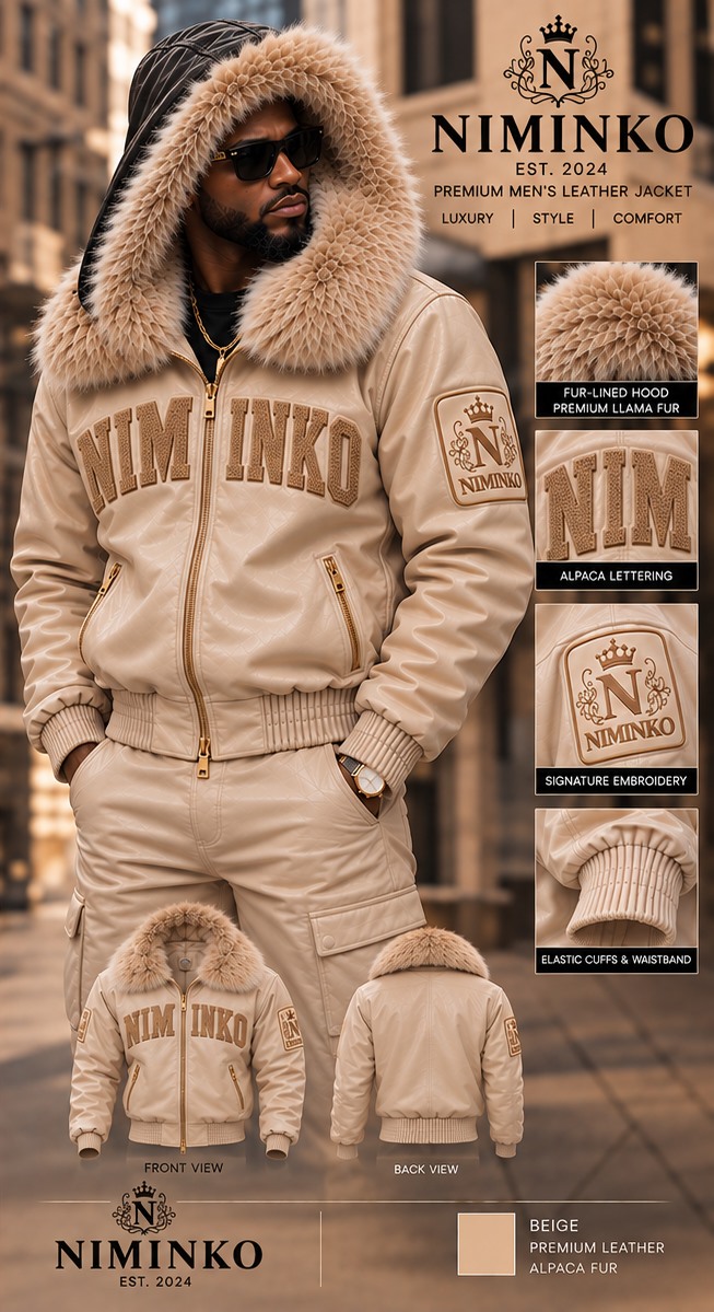 Niminko Men's Hooded Wordmark Leather Jacket — Beige by Niminko in Beige / Tan showing visible Niminko garment branding.