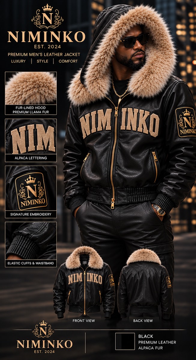 Niminko Men's Hooded Wordmark Leather Jacket — Black by Niminko in Black / Tan showing visible Niminko garment branding.