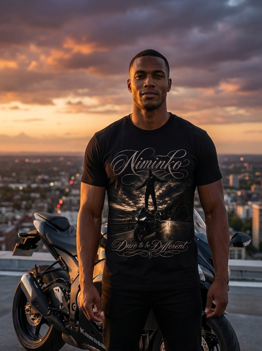 Niminko Dusk Moto Tee by Niminko in Black / Silver / Dusk Gold showing visible Niminko garment branding.