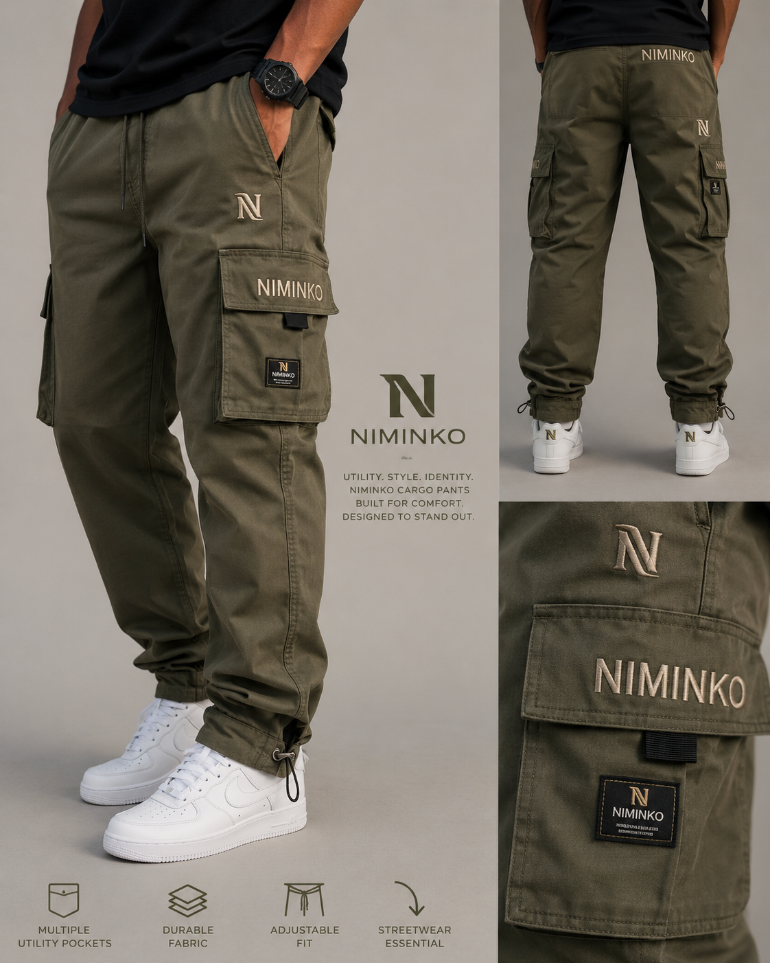 Niminko Olive Utility Cargo by Niminko in Olive / Sand showing visible Niminko garment branding.