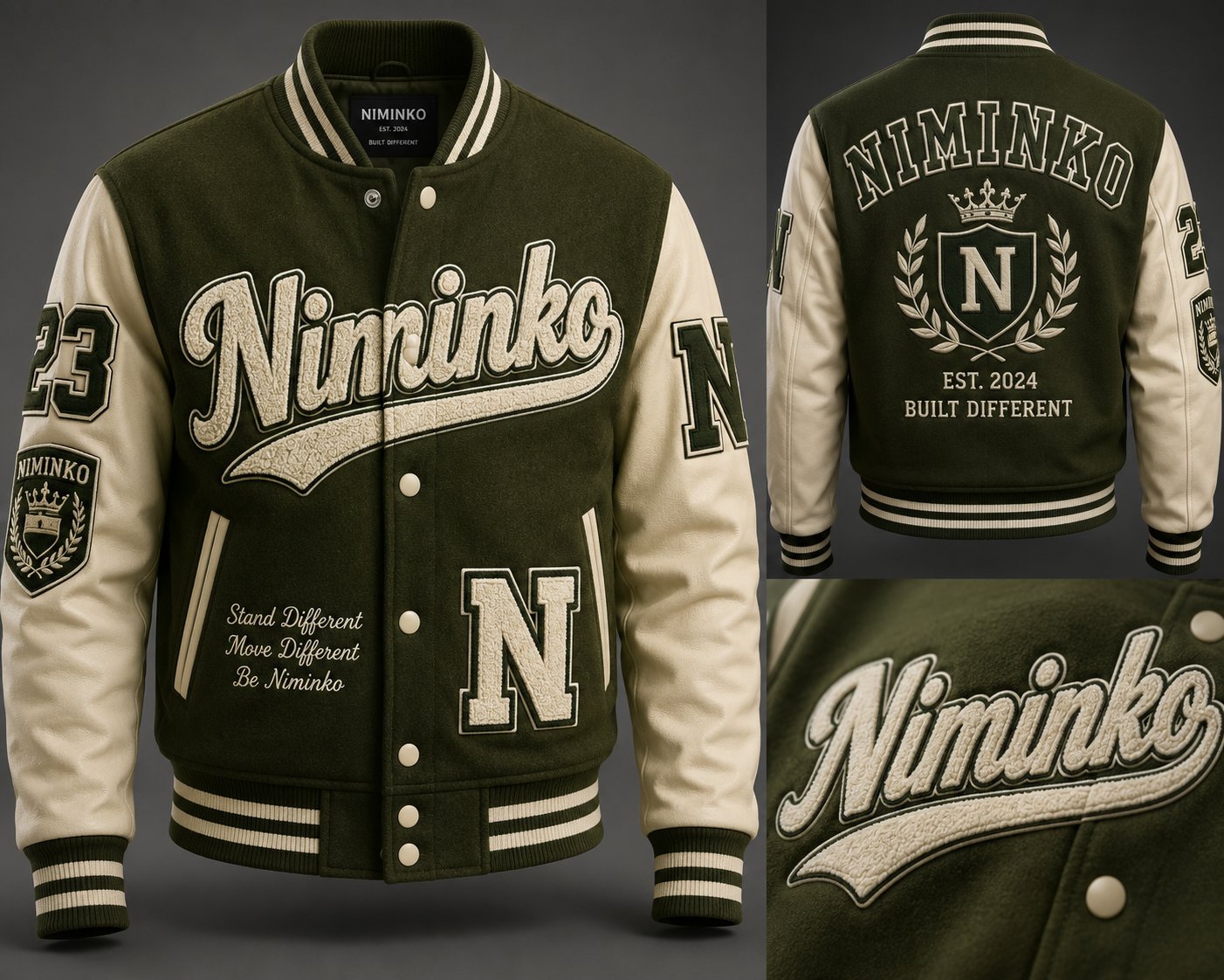 Niminko Olive Letterman Jacket by Niminko in Olive / Cream showing visible Niminko garment branding.