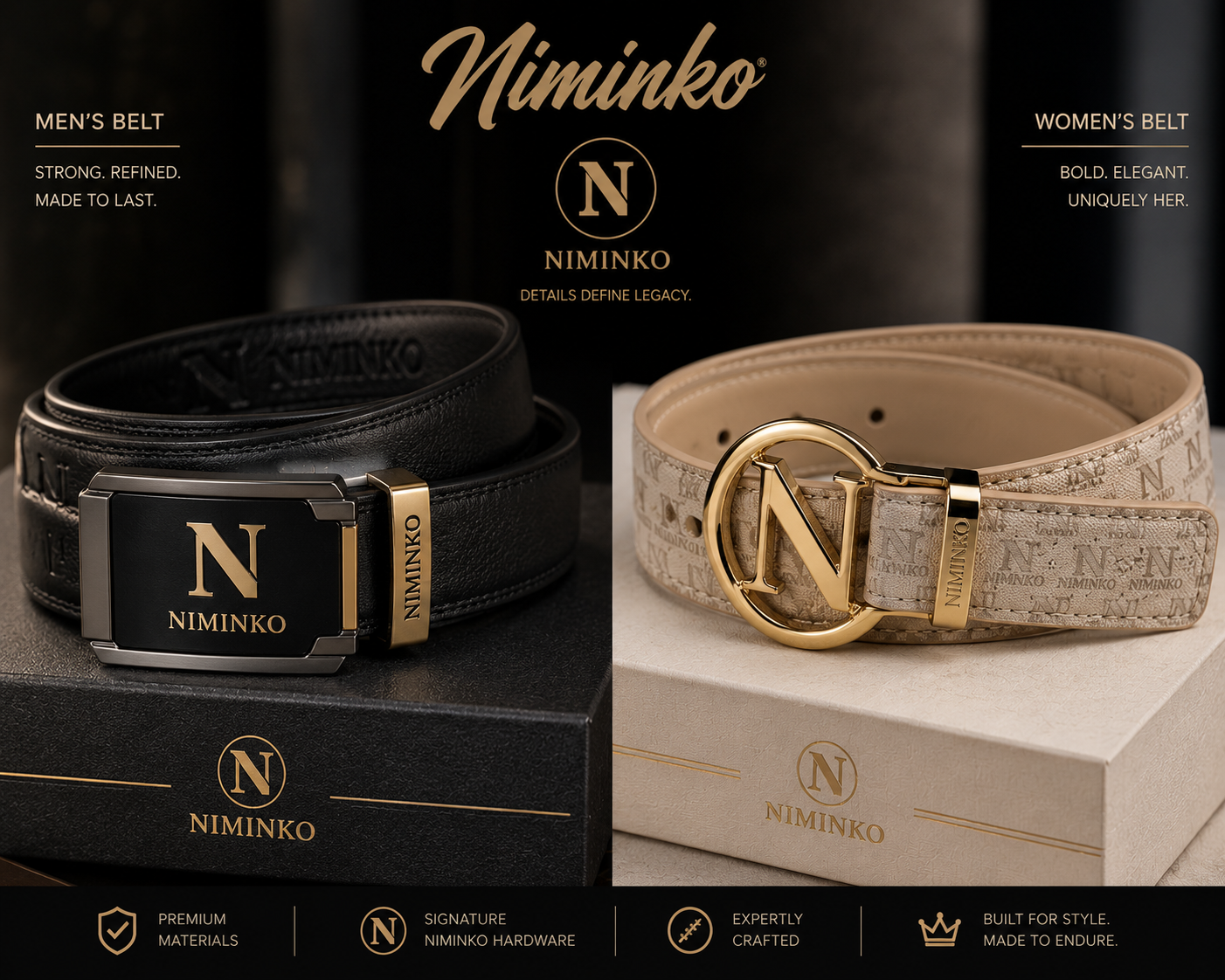 Niminko Signature Belts by Niminko in Black / Gold, Cream Monogram / Gold showing visible Niminko garment branding.