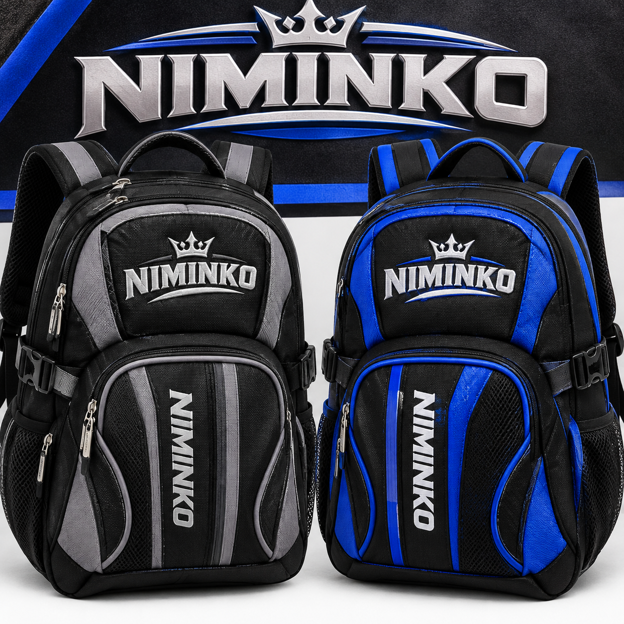 Niminko Sport Backpack by Niminko in Black / Gray, Black / Royal Blue showing visible Niminko garment branding.