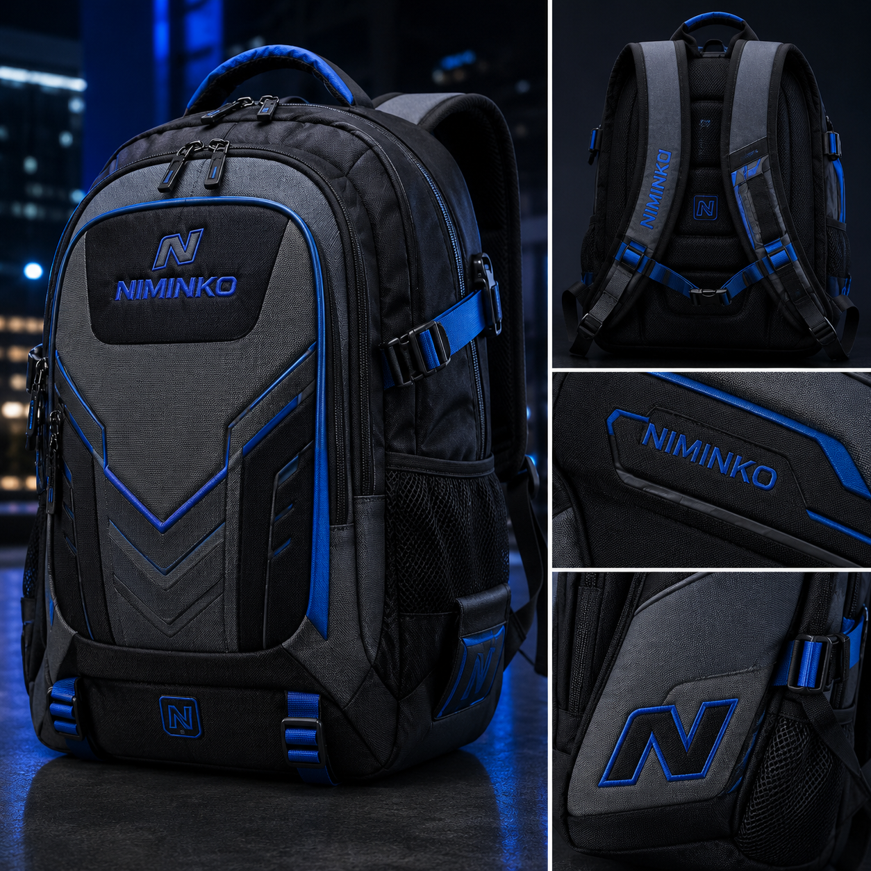 Niminko Urban Utility Backpack by Niminko in Graphite / Electric Blue showing visible Niminko garment branding.