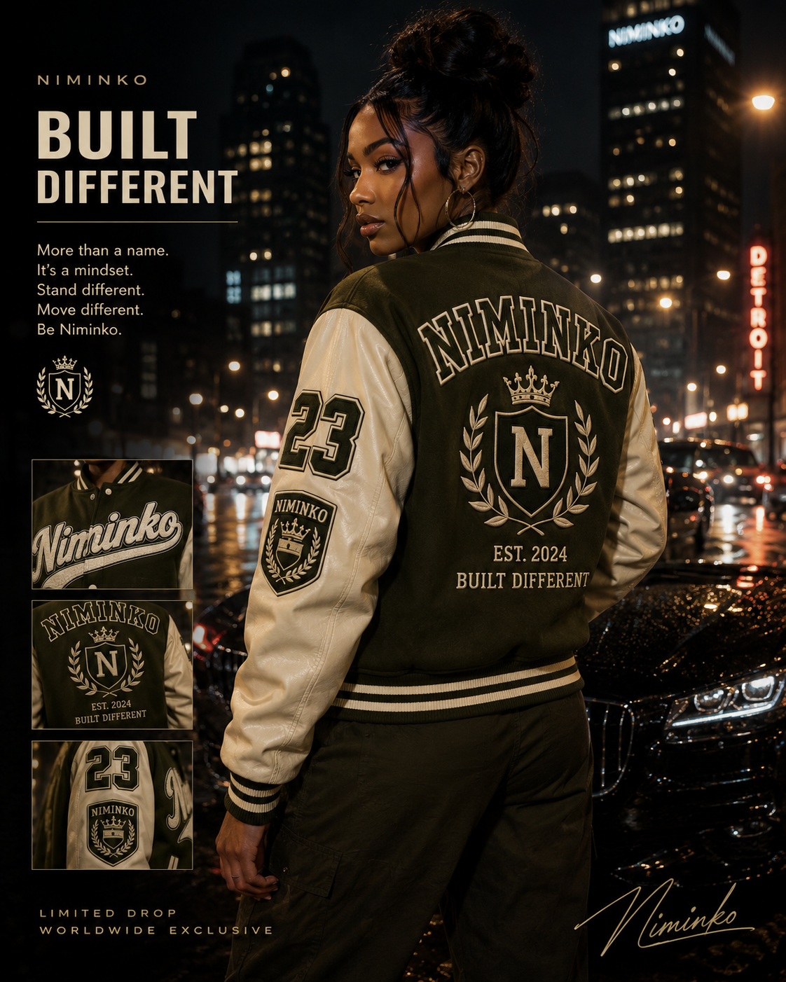 Niminko Built Different Varsity by Niminko in Olive / Cream showing visible Niminko garment branding.