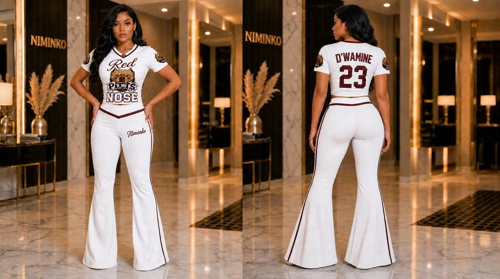Niminko White Maroon Flare Set by Niminko in White / Maroon showing visible Niminko garment branding.