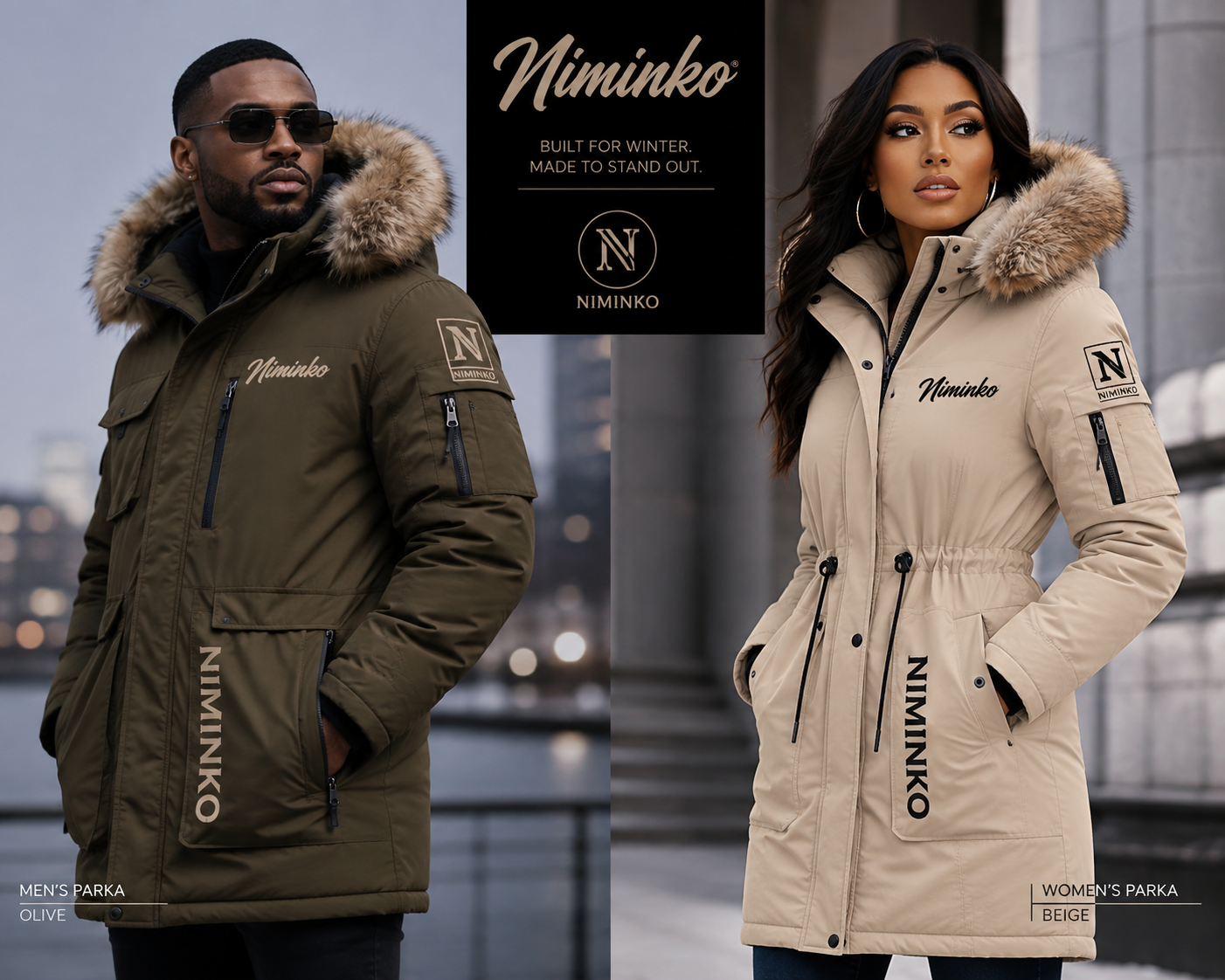 Niminko Winter Parka by Niminko in Olive, Beige showing visible Niminko garment branding.