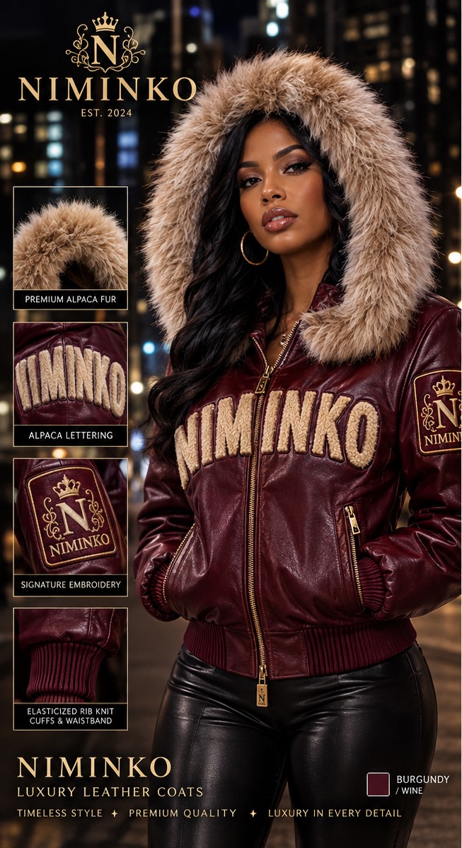 Niminko Women's Hooded Wordmark Leather Jacket — Burgundy by Niminko in Burgundy / Wine showing visible Niminko garment branding.