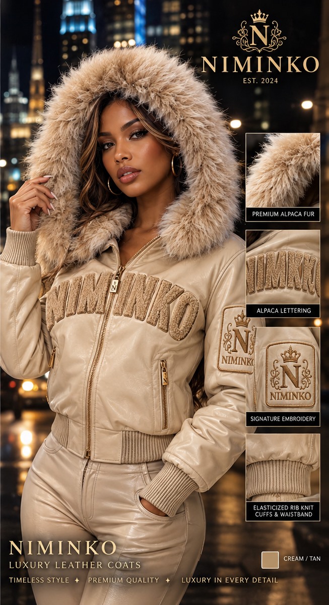 Niminko Women's Hooded Wordmark Leather Jacket — Cream by Niminko in Cream / Tan showing visible Niminko garment branding.